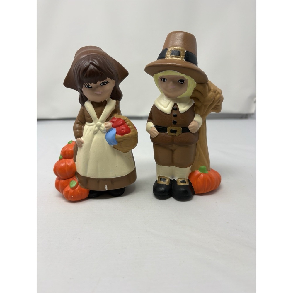 Vintage 70's Thanksgiving Pilgrim Boy Girl Hand Painted Ceramic Figurine Pumpkin